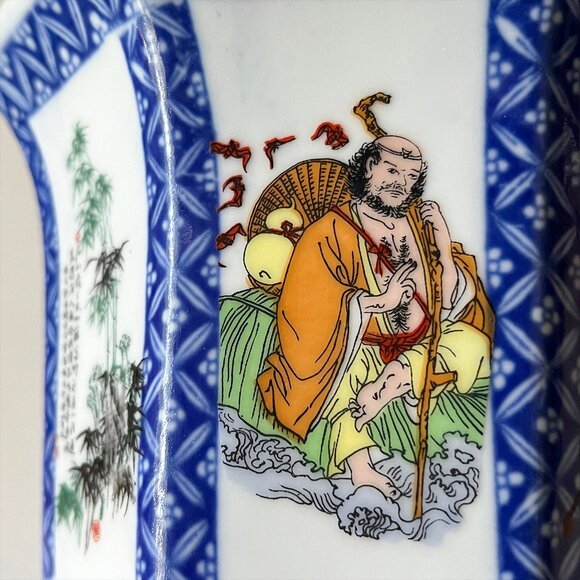 Vintage Chinese Immortals Flowers Poems Octagon Flowerpot w/ Saucer Blue & White - Picture 13 of 15